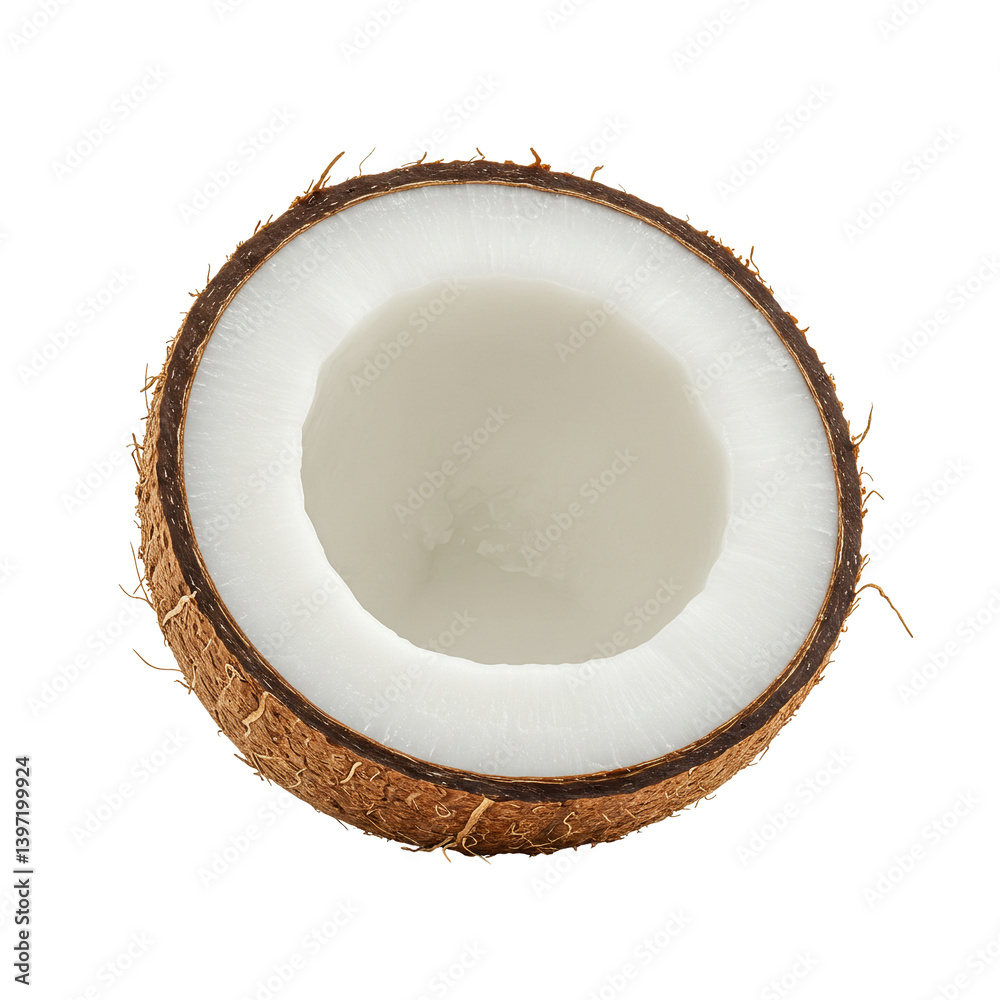 Isolated half coconut image for healthy food and tropical fruit concept isolated on a transparent background Isolated half coconut image for healthy food and tropical fruit concept isolated on a transparent background