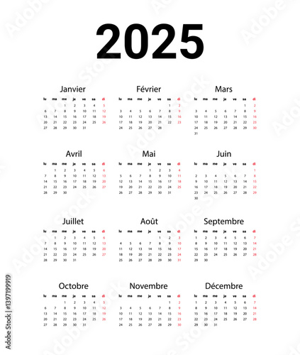 French 2025 calendar. Vector illustration design template start from monday. Full months for wall calendar