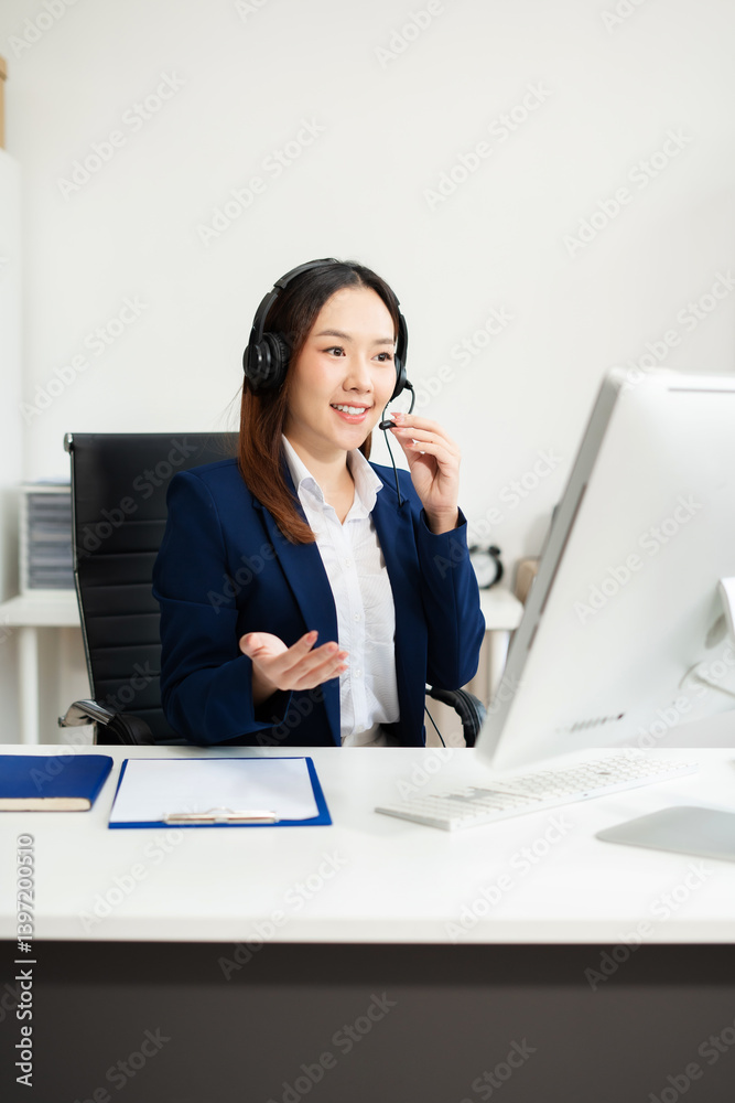 Friendly smiling female call-center agent with headset working on support hotline in office. Friendly smiling female call-center agent with headset working on support hotline in office.