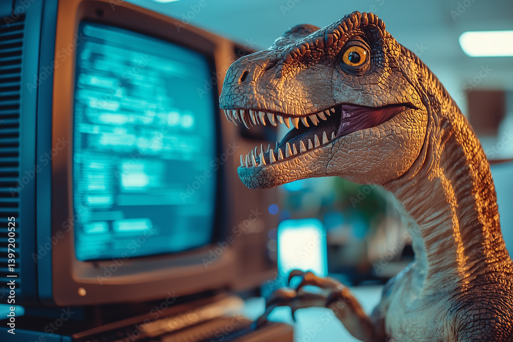 Fototapeta premium A playful dinosaur interacts with a vintage computer, showcasing a blend of technology and imagination. The vibrant scene sparks interest and curiosity, perfect for creative projects.
