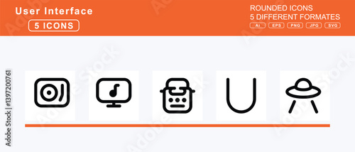 Set of 5 rounded user interface icons,truck, tow, trumpet, tty, tubes, tugrik, sign