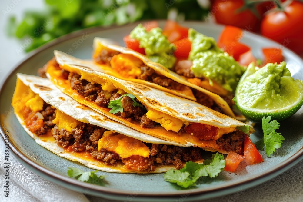 Stack of flavorful beef quesadillas with eggs, cheese, and toppings. Stack of flavorful beef quesadillas with eggs, cheese, and toppings.