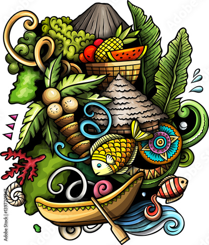 Tahiti hand drawn cartoon doodle illustration. Creative funny background with French Polynesia elements and objects. Colorful composition