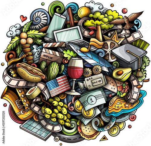 California hand drawn cartoon doodle illustration. Funny USA State design. Creative art background. Colorful composition