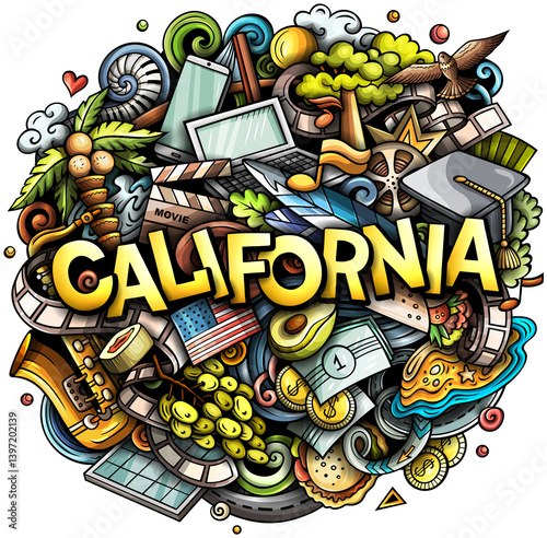 California hand drawn cartoon doodle illustration. Funny USA State design. Creative art background. Handwritten text with elements and objects. Colorful composition