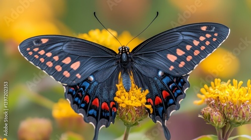 Black butterfly with colorful spots rests on a yellow flower in vibrant detail