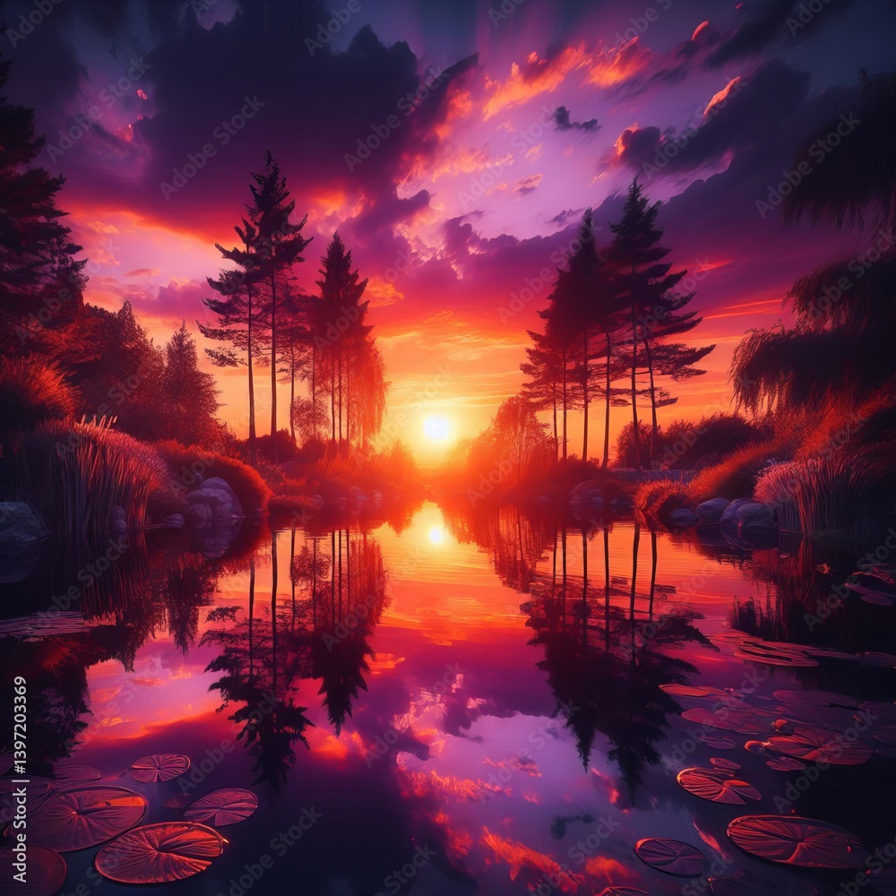 Obraz premium Sunset Reflections The vibrant play of orange and purple hues on