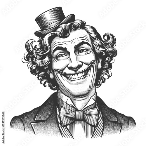 wildly grinning man with curly hair, wearing a tilted top hat and oversized bow tie sketch engraving generative ai vector illustration. Scratch board imitation. Black and white image.
