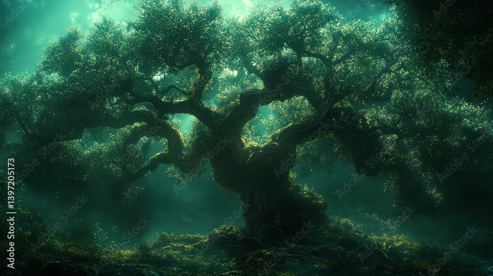 Obraz premium Ethereal ancient tree glows in enchanted forest.