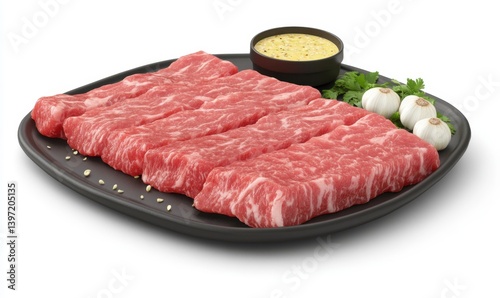 Raw beef strips, marinade, garlic, parsley, plate. Food photography for menu, recipe, or advertisement