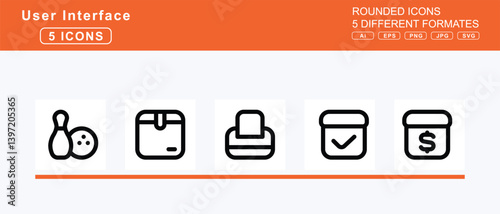 Set of 5 rounded user interface icons,bowl, chopsticks, noodles, bowling, ball, pins, rice