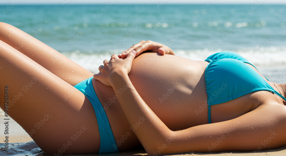 Pregnant woman lying on beach in bikini enjoying pregnancy. Pregnancy photoshoot of pregnant woman on beach during sunny day Pregnant woman lying on beach in bikini enjoying pregnancy. Pregnancy photoshoot of pregnant woman on beach during sunny day