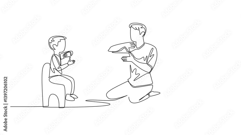 Animation of single continuous line drawing boy sitting on a small chair in front of father and mother. Communicate without sound. Limitations. Sign. Mother Father Deaf Day. Full length motion Animation of single continuous line drawing boy sitting on a small chair in front of father and mother. Communicate without sound. Limitations. Sign. Mother Father Deaf Day. Full length motion