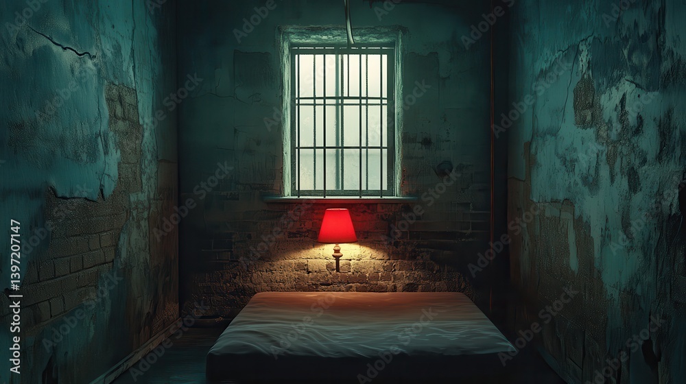 Obraz premium Moody, dimly lit room with a single bed and red lamp under a barred window.