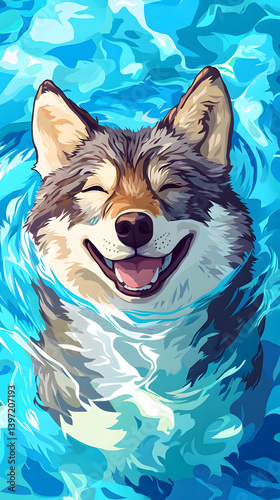 A happy dog with closed eyes surrounded by blue water