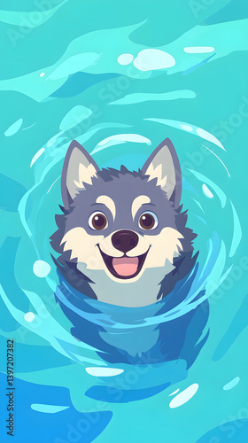Cartoon Husky Swimming in Water