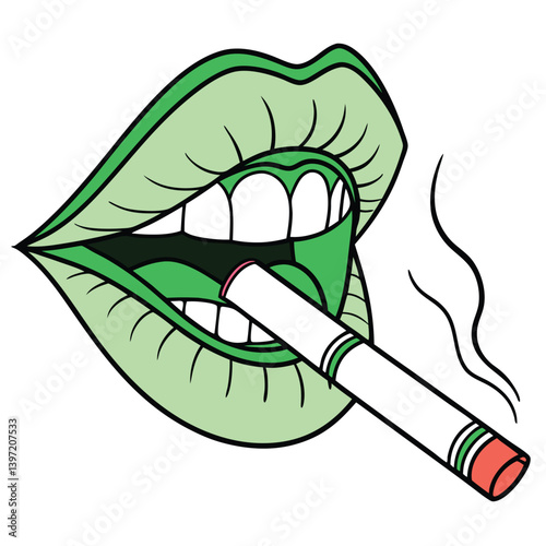 Green lips cartoon style with smoking cigarette and vapor trails rising