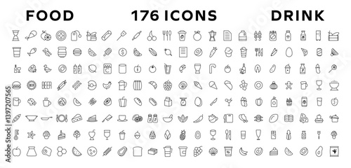 Food and drink icon collection set. Thin outline icons. Meat, milk, noodle, soup, bread, egg, cake, sweets, fruits, vegetables, drinks, nutrition, pizza, fish, sauce, cheese icon