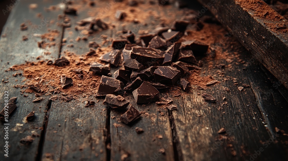 Dark chocolate pieces and cocoa powder scattered on a rustic wooden table. Dark chocolate pieces and cocoa powder scattered on a rustic wooden table.