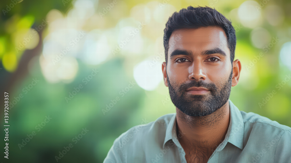 Calm Gaze: A person portrait in natural light exudes tranquility, with a soft focus background of verdant nature. Calm Gaze: A person portrait in natural light exudes tranquility, with a soft focus background of verdant nature.