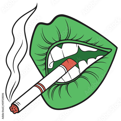 Cartoon lips in green shade smoking a cigarette with a bold pop art aesthetic