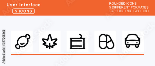 Set of 5 rounded user interface icons,candle, holder, candy, cane, corn