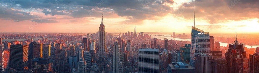 Fototapeta premium Sunset Over Modern Skyscrapers in Manhattan Cityscape