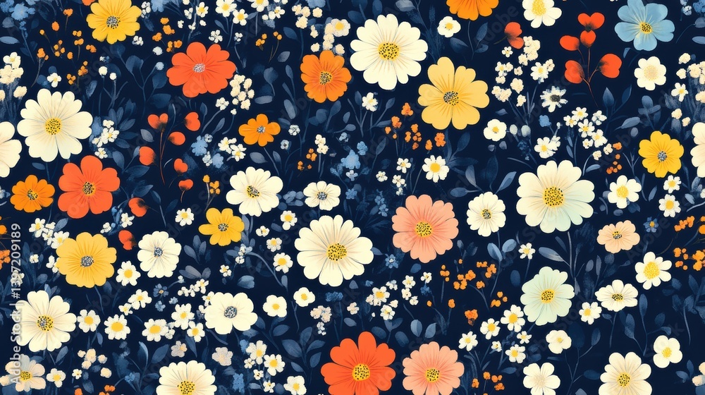 A vibrant floral pattern with diverse blooms in yellow, orange, and white on a dark background. A vibrant floral pattern with diverse blooms in yellow, orange, and white on a dark background.