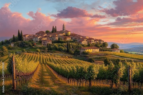 Vineyards in La Morra Hilltop Town at Sunset