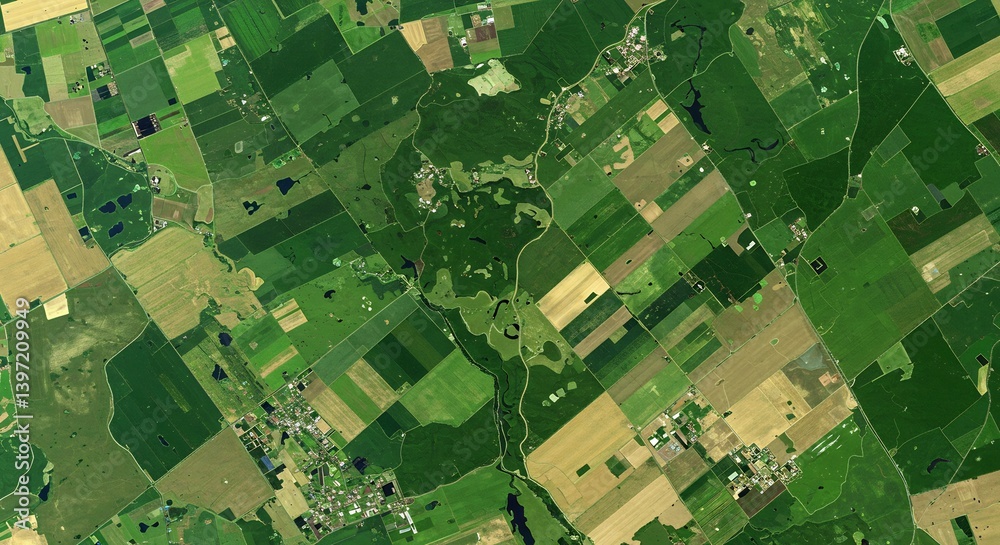 Fototapeta premium Aerial view patchwork farmland vibrant green hues. AI Generated