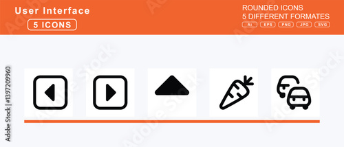 Set of 5 rounded user interface icons,caret, square, right, up, car, garage, mechanic, carrot