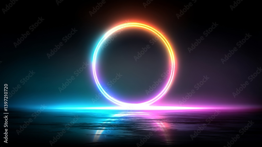 Circular Geometric Neon Sign With Rainbow Spectrum Colors On Empty Dark Background, Reflections Circular Geometric Neon Sign With Rainbow Spectrum Colors On Empty Dark Background, Reflections