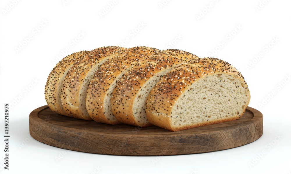 Sliced poppy seed bread on wooden board, white background, food photography, baking Sliced poppy seed bread on wooden board, white background, food photography, baking