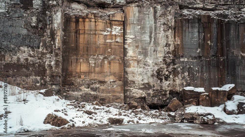 Raw Stone Revelation: An evocative, textured cliff face stands weathered by time, creating an interplay of light and shadow. Frozen crystals of ice dance on the rugged surface.