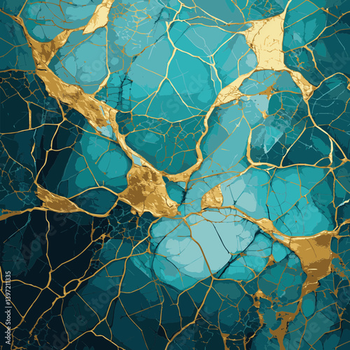 Illustration Motif Kintsugi Couleurs Turquoise et Or Vecteur