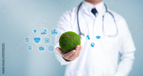 Healthcare Professional Holding Green Earth with Health Icons