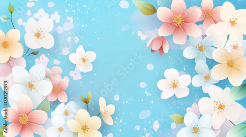 Beautiful Spring Flowers on a Pastel Blue Background