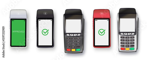 Vector 3D Realistic NFC Payment Terminal. Credit Card. Payment Machine. Template for Bank Payment Contactless Terminal. POS Terminal.