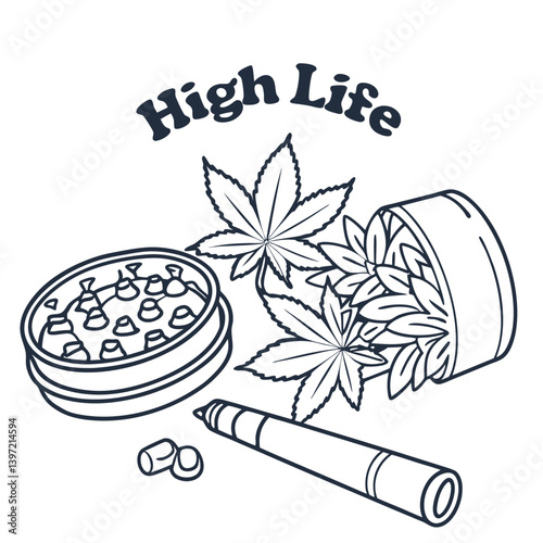 Cartoon style cannabis scene with joint, grinder, buds, and “High Life” text for lifestyle artwork