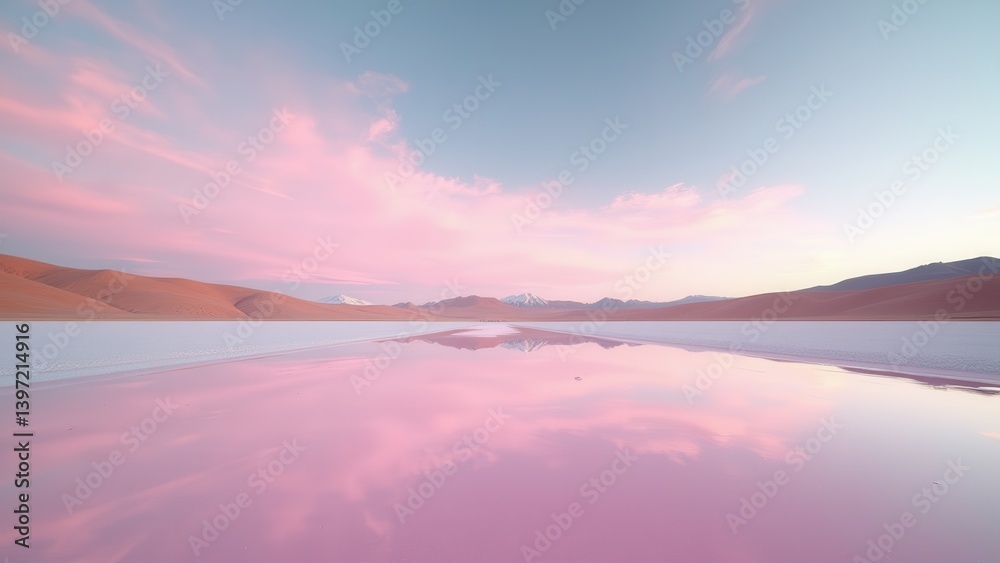 Naklejka premium Vast salt flat landscape with pastel sunset clouds reflected on still water 