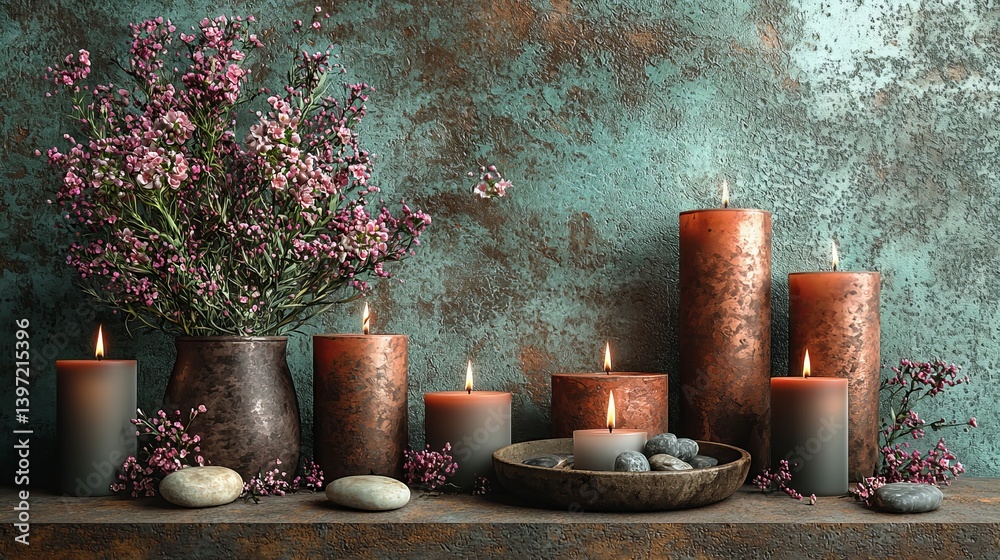 Fototapeta premium A table set against a gray background holds a composition of spa elements, including rocks and candles, representing spa, rocks, candles, and table