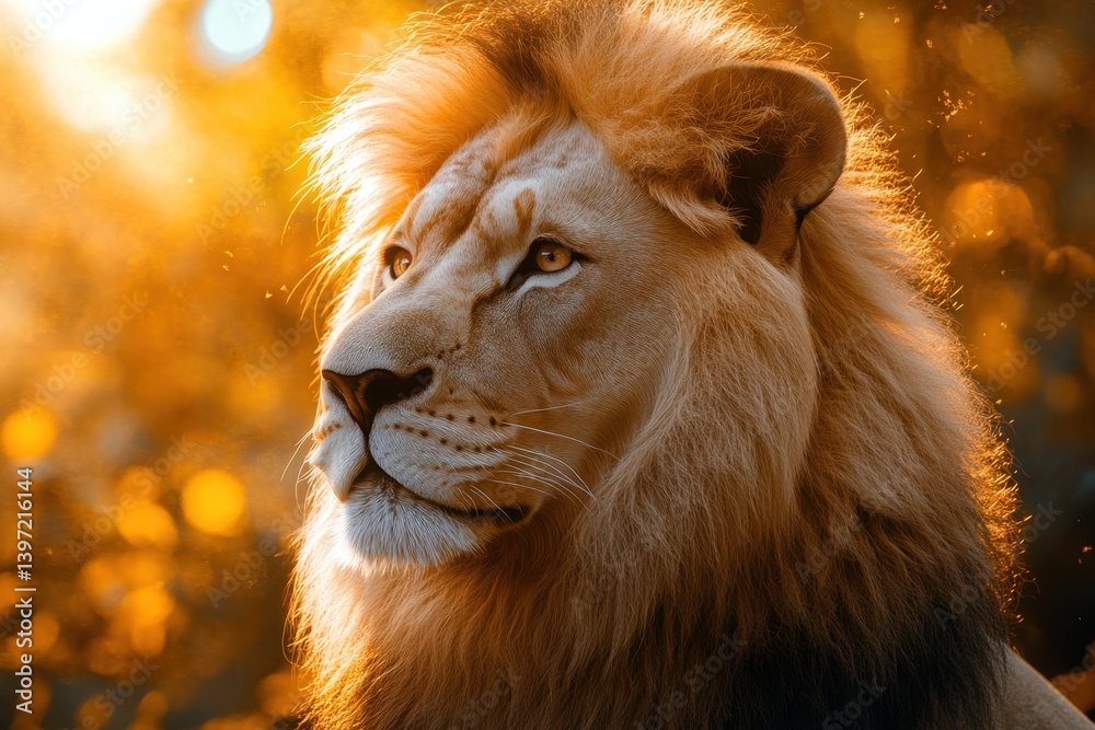 Majestic lion basking in warm sunlight with vibrant background colors at golden hour Majestic lion basking in warm sunlight with vibrant background colors at golden hour