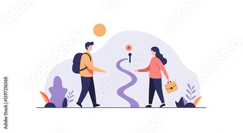 Two people walking on a path with a sun and plants in the background
