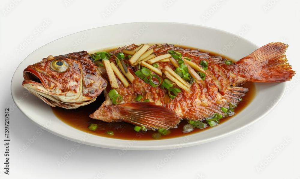 Steamed red snapper with ginger and scallions, Asian cuisine, restaurant food photography, website menu image Steamed red snapper with ginger and scallions, Asian cuisine, restaurant food photography, website menu image
