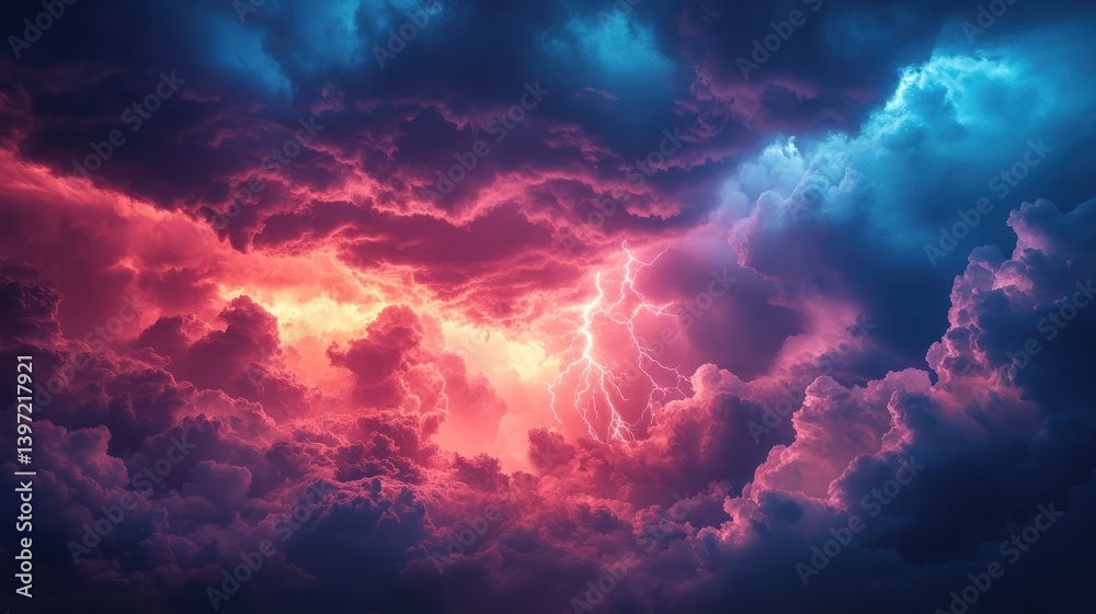 Fototapeta premium Dramatic Stormy Sky with Vibrant Lightning and Colorful Clouds at Dusk in High Resolution