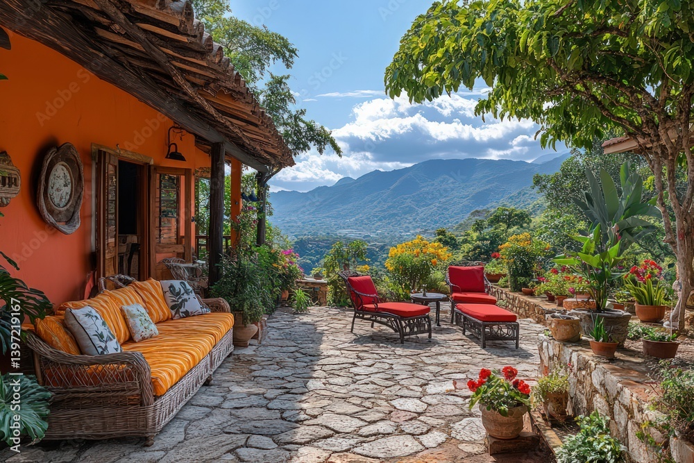 Obraz premium Tranquil outdoor living space overlooks mountain vista.