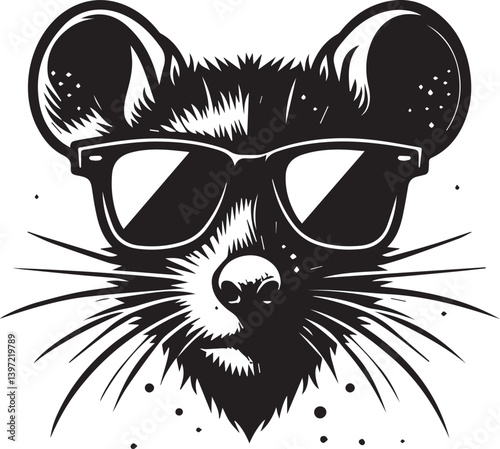 rat with sunglasses head vector illustration, rat head with sunglass silhouette vector black and white, rat clipart