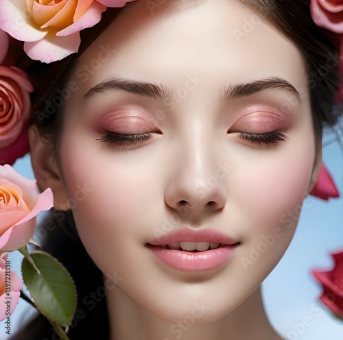 face of young dark haired white girl with closed eyes surrounded by rose flowers