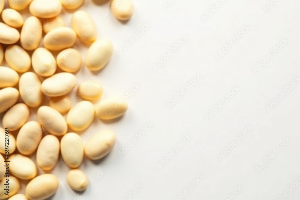 Scattered white beans against a stark white background, white backdrop, isolated Scattered white beans against a stark white background, white backdrop, isolated