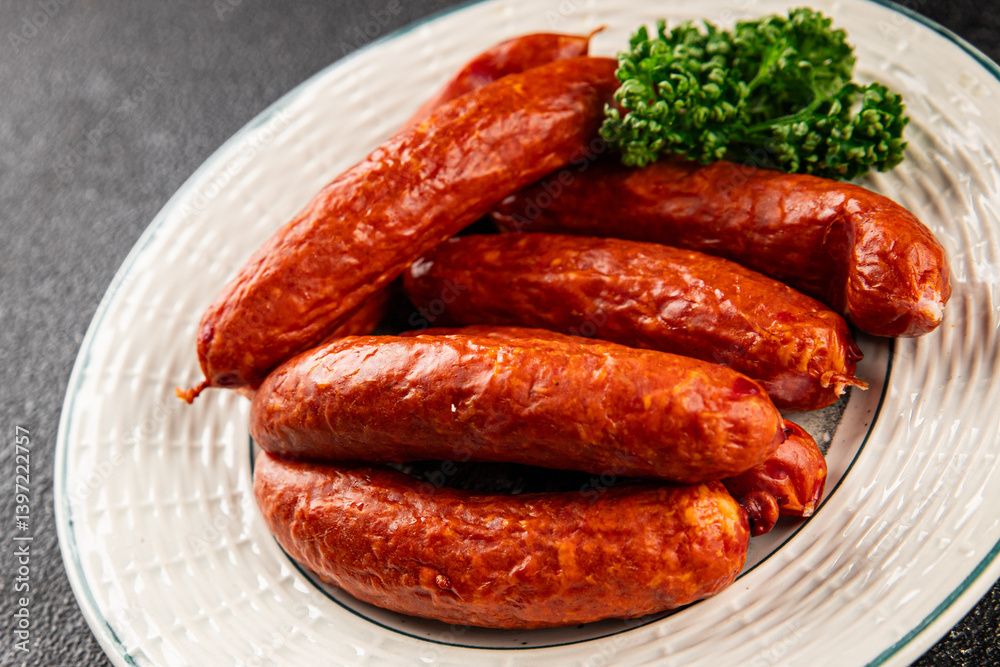Sausage smoked pork meat beef dish fresh gourmet food background on table rustic food top view copy space Sausage smoked pork meat beef dish fresh gourmet food background on table rustic food top view copy space